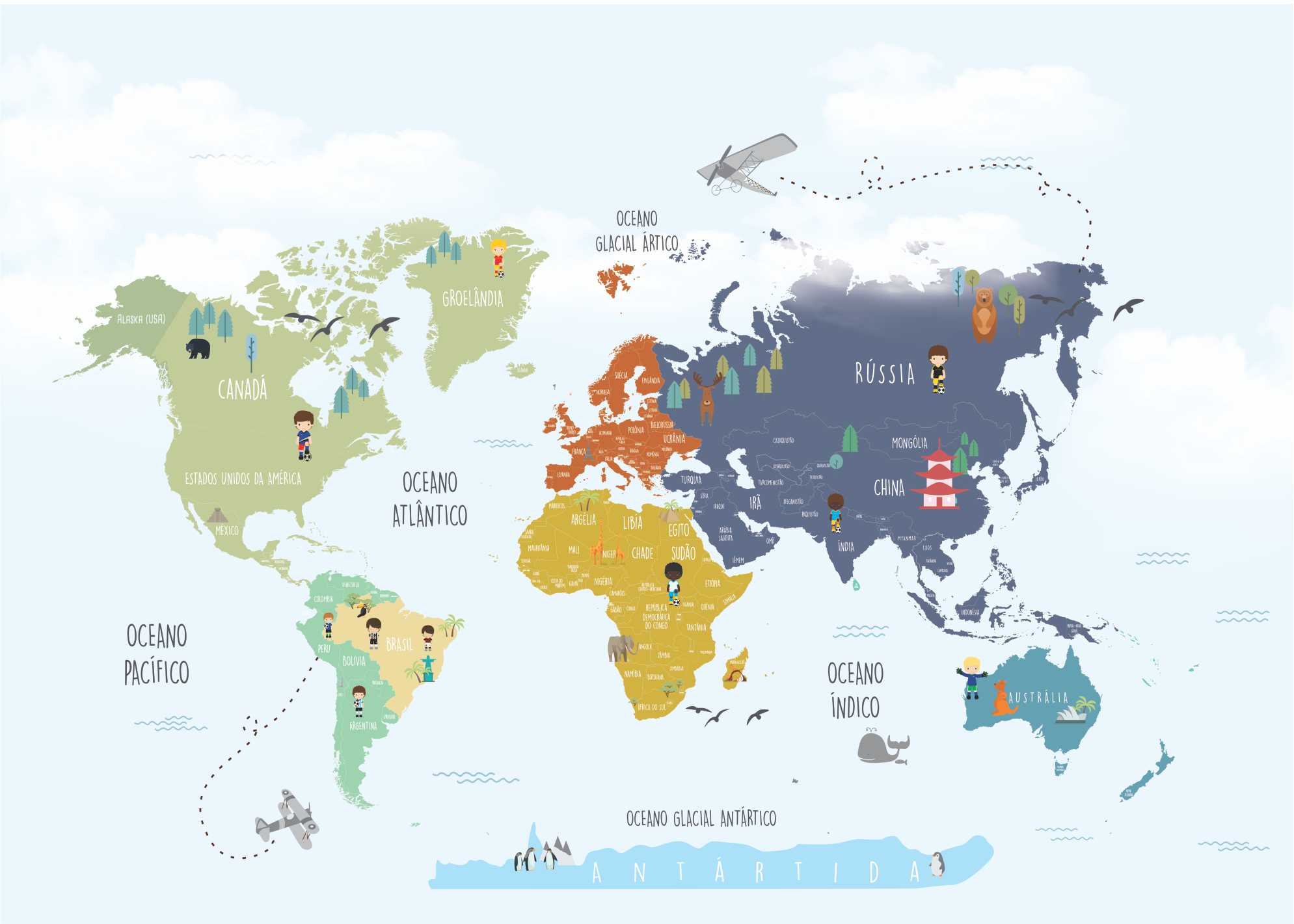 PAPEL DE PAREDE MAPA MUNDO INFANTIL COM ANIMAIS