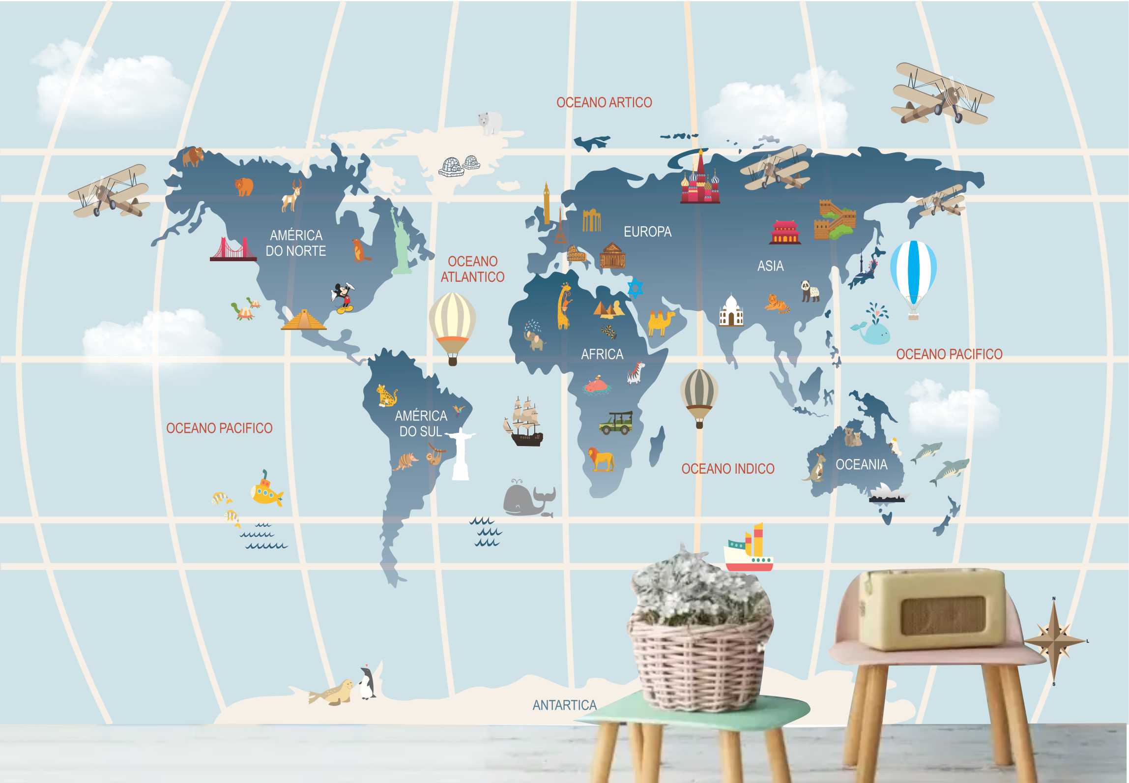PAPEL DE PAREDE MAPA MUNDI INFANTIL COM ANIMAIS E CONTINENTES