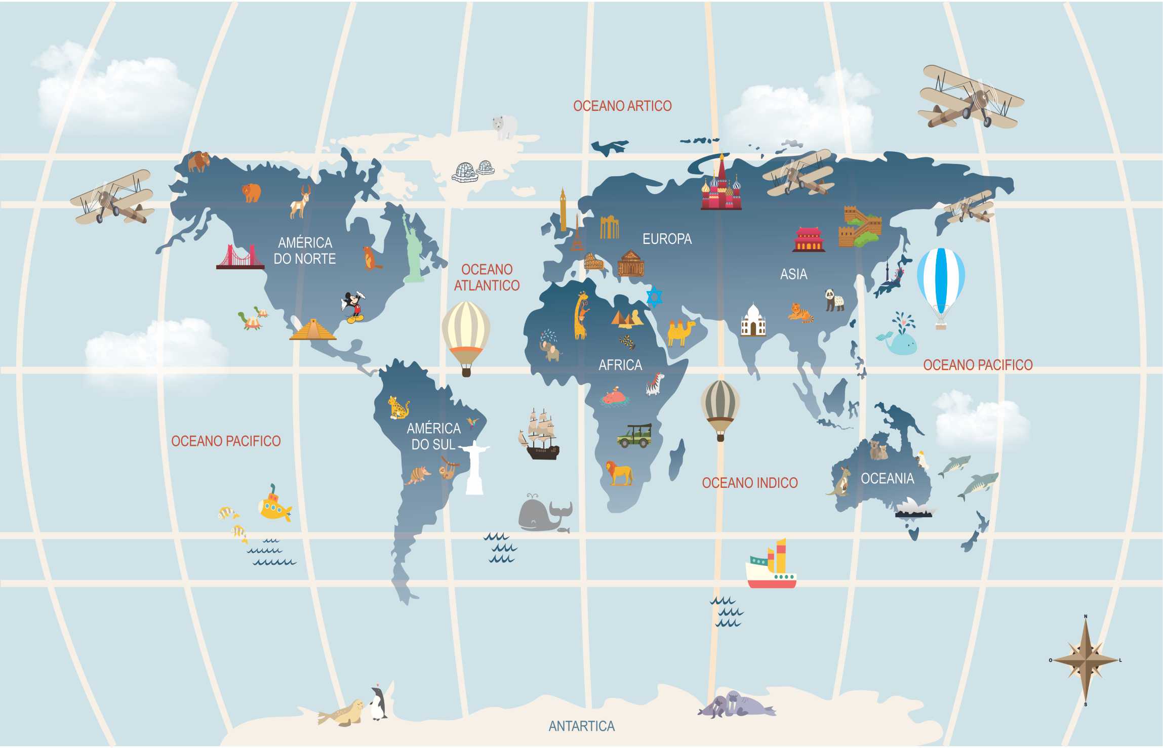 PAPEL DE PAREDE MAPA MUNDI INFANTIL COM ANIMAIS E CONTINENTES