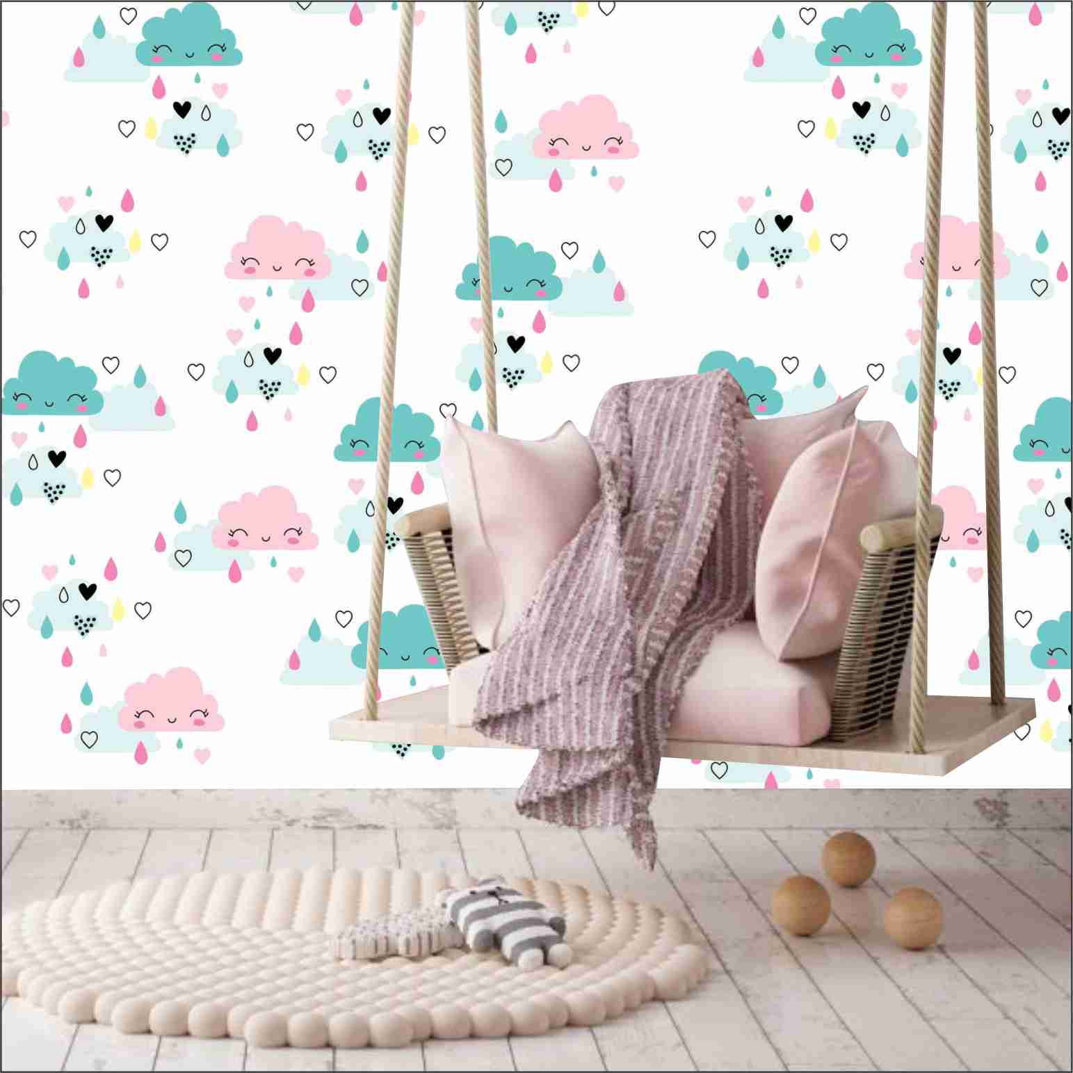 PAPEL PAREDE CHUVA DE AMOR NUVENS ROSA E VERDE