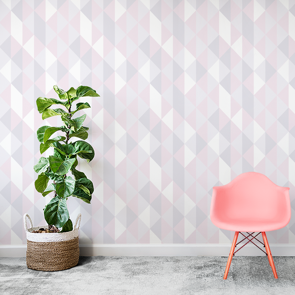 PAPEL DE PAREDE GEOMÉTRICO ROSA E TONS DE CINZA