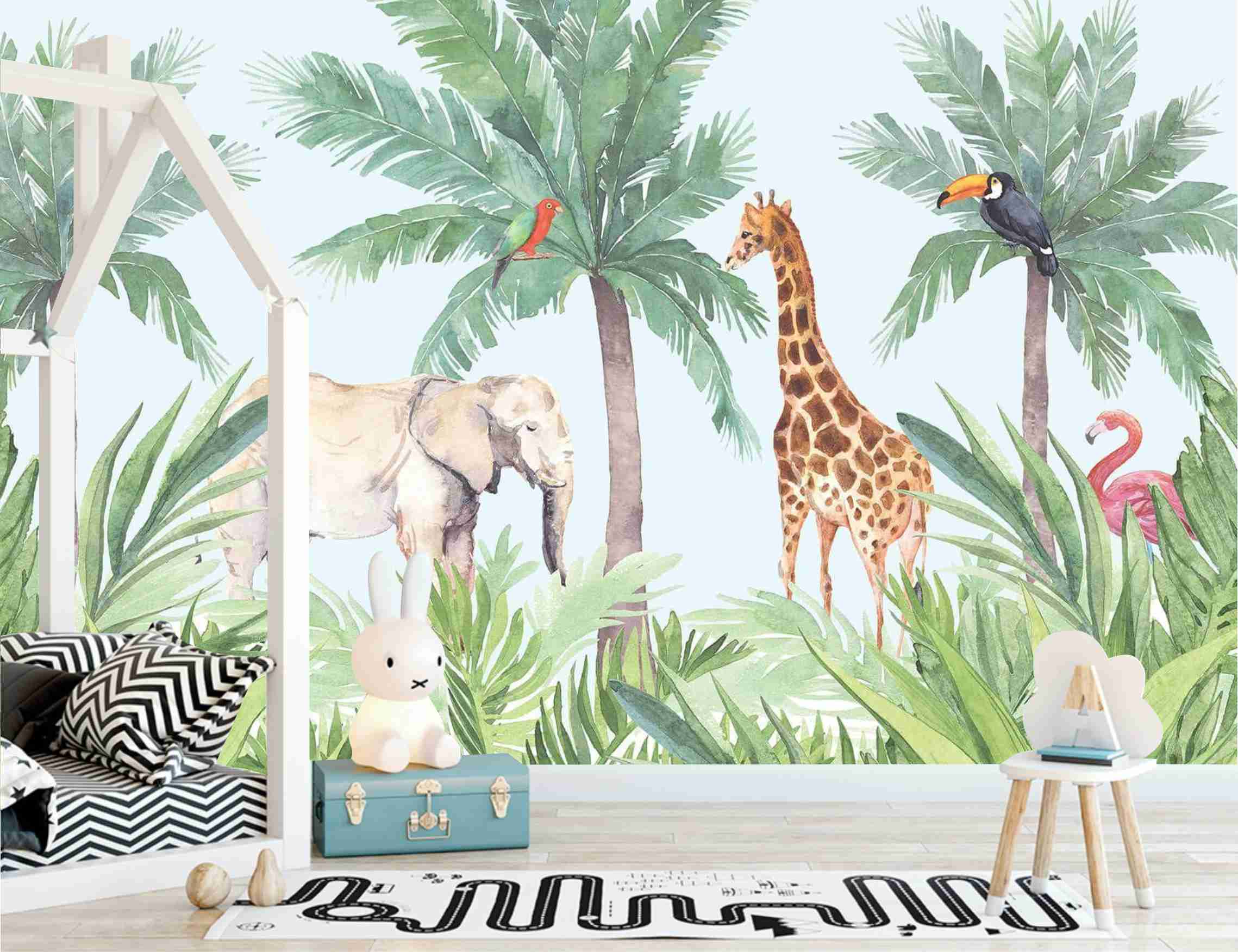 PAPEL DE PAREDE SAFARÍ ELEFANTE GIRAFA E PÁSSAROS AQUARELA