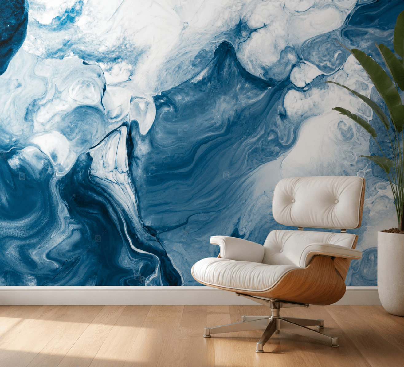 PAPEL DE PAREDE EFEITO MÁRMORE AZUL COM BRANCO