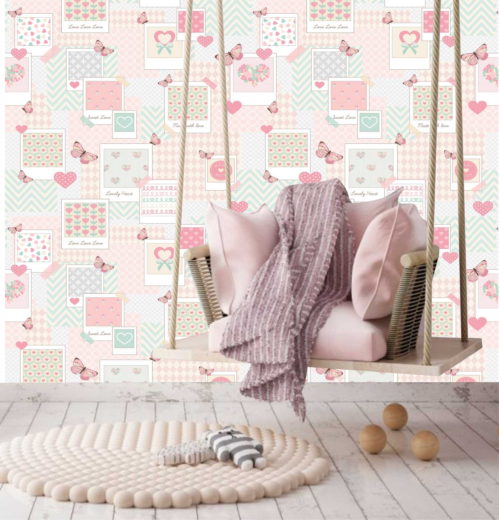 PAPEL DE PAREDE COLAGEM COM BORBOLETAS TONS DE ROSA
