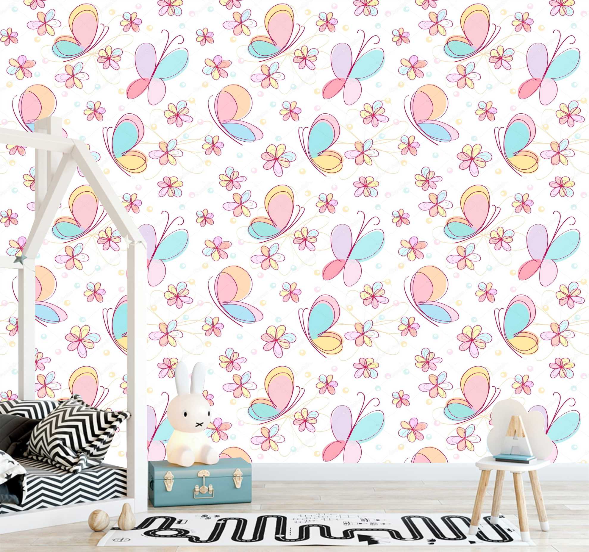 PAPEL DE PAREDE BORBOLETAS E FLORES COLORIDA