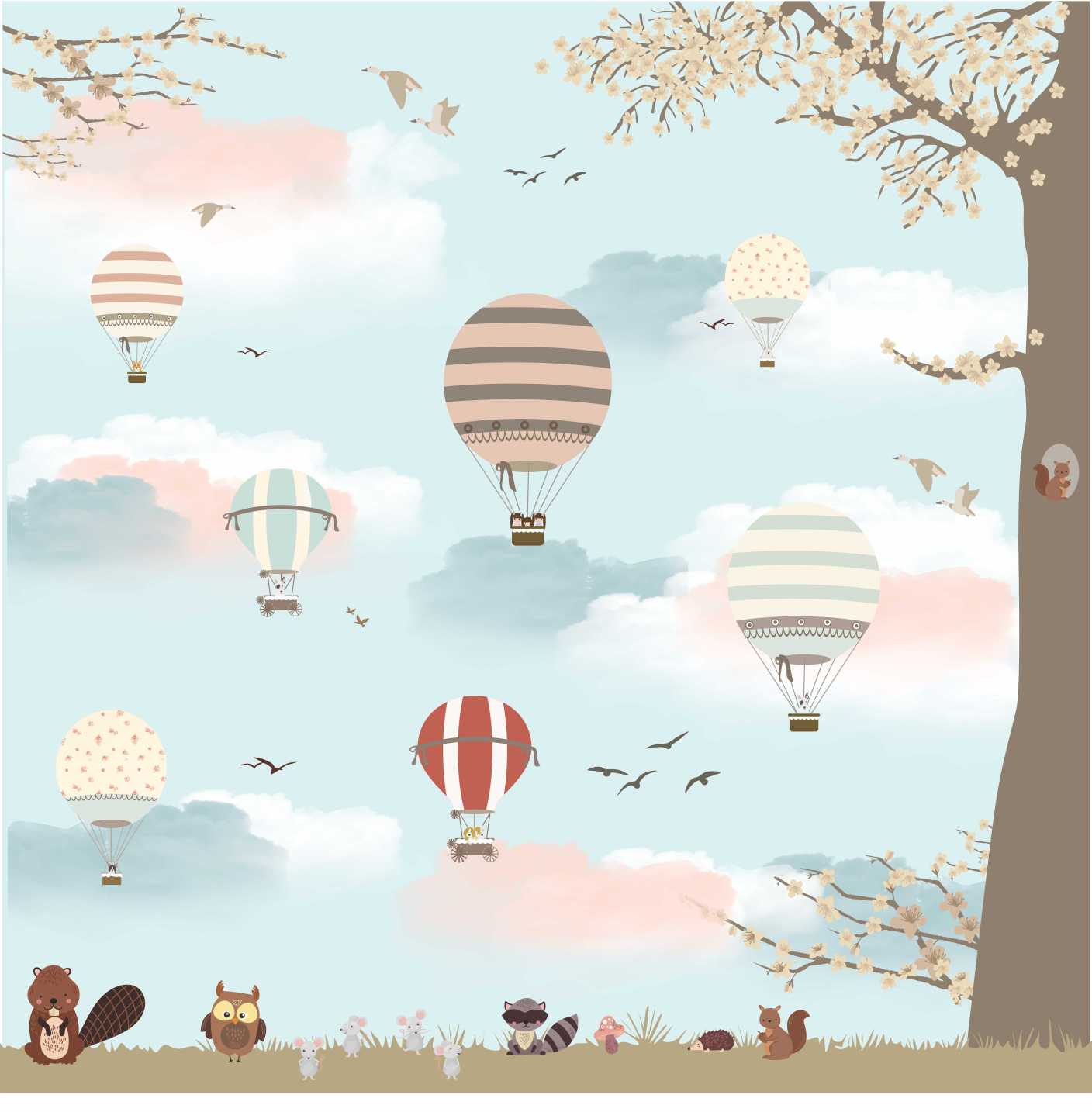 PAPEL PAREDE ARVORE COM BALÕES E ANIMAIS FLORESTA safari