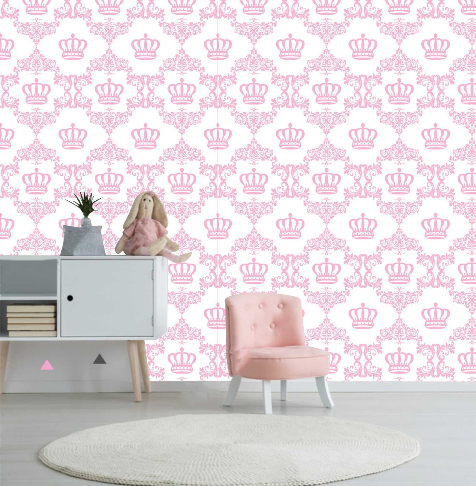 PAPEL DE PAREDE COROA ROSA COM FUNDO BRANCO