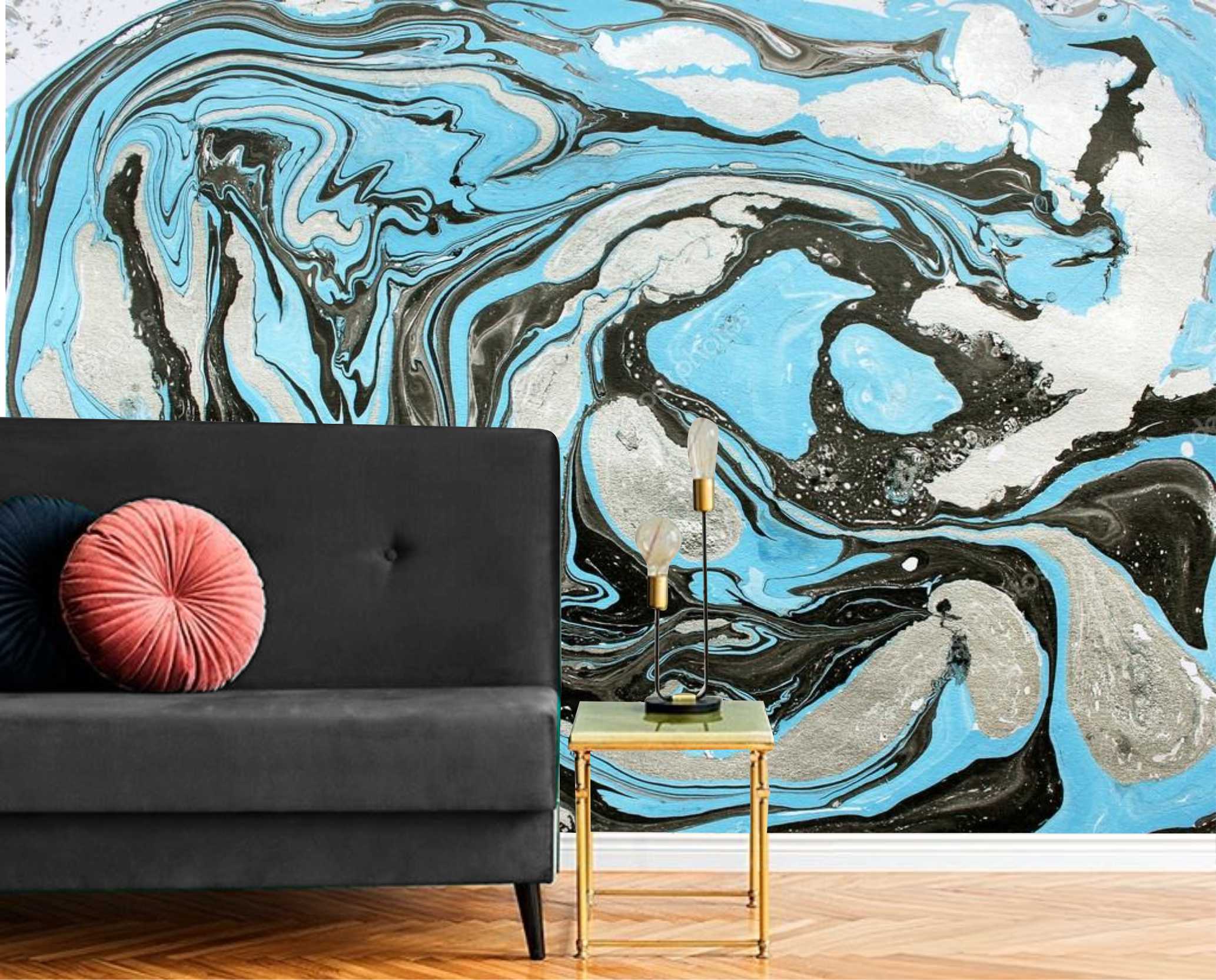 PAPEL PAREDE PINTURA AZUL CINZA E PRETO