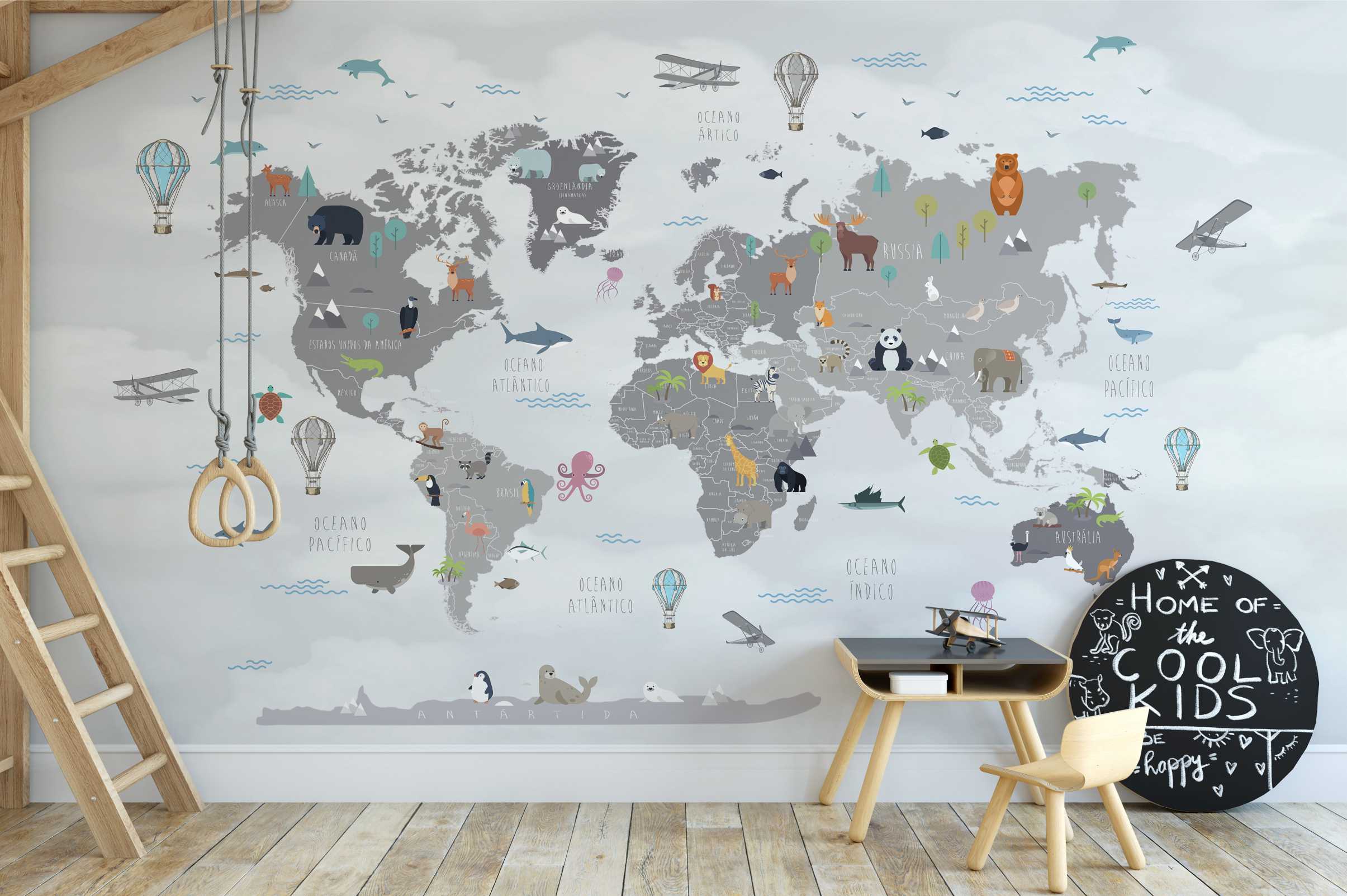 PAPEL DE PAREDE MAPA MUNDI INFANTIL FUNDO CEU CINZA
