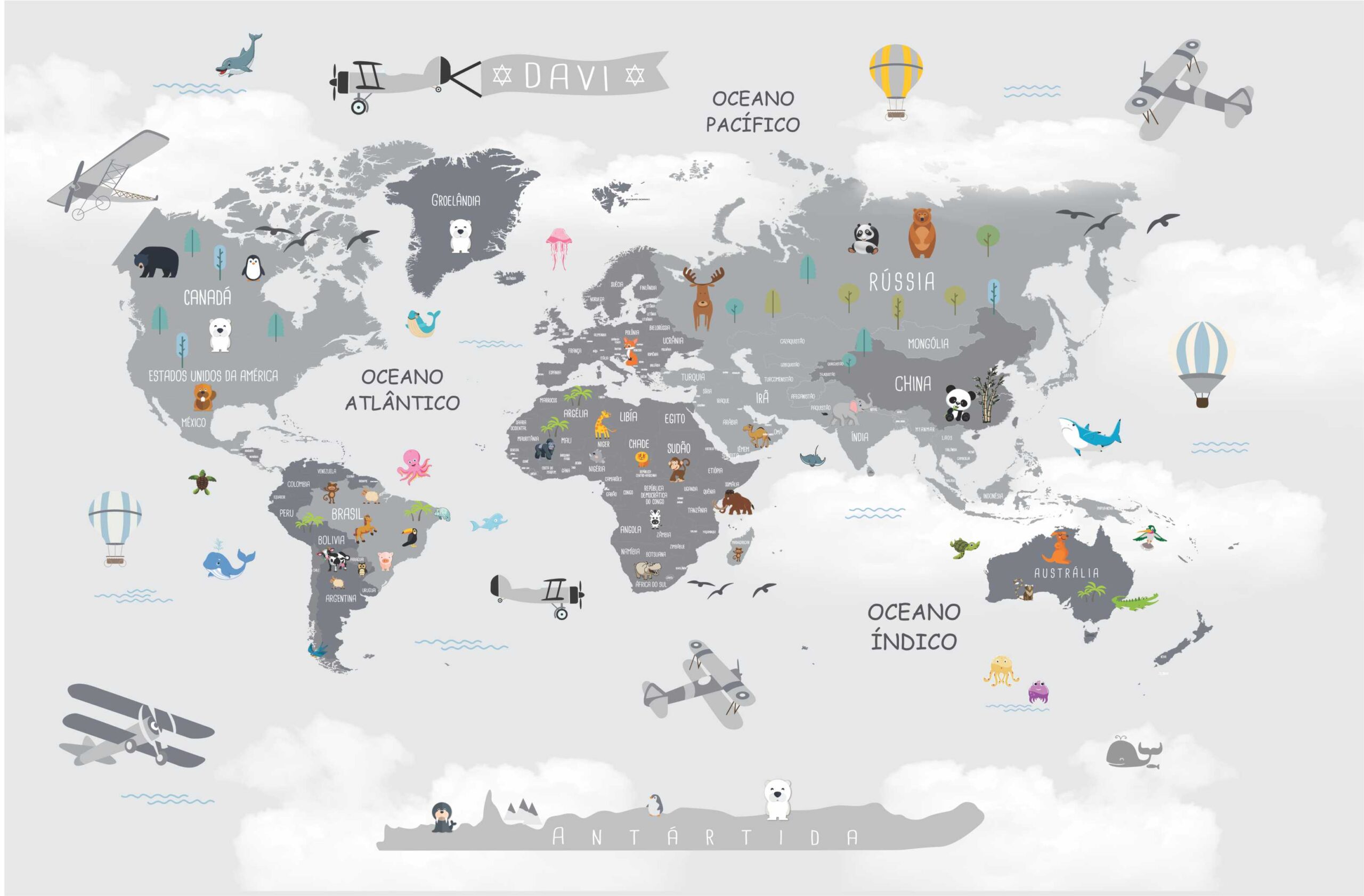 PAPEL DE PAREDE MAPA MUNDI INFANTIL FUNDO CEU CINZA
