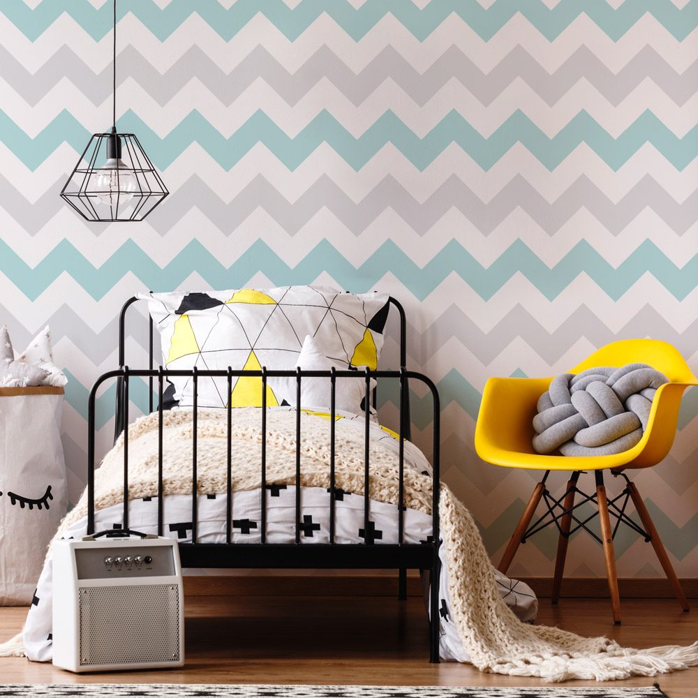 PAPEL DE PAREDE CHEVRON VERDE COM CINZA