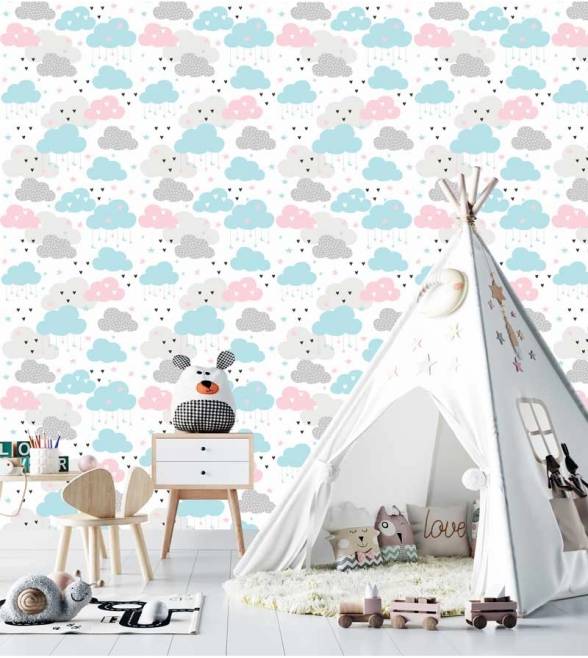 PAPEL DE PAREDE INFANTIL NUVEM ROSA E CINZA CHUVA DE AMOR