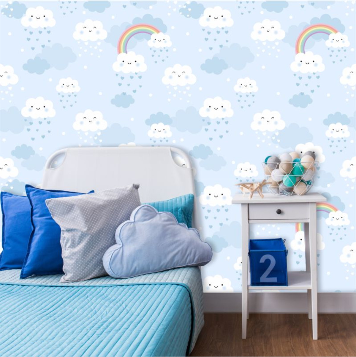 Papel De Parede Bebê Infantil Nuvem Chuva Nuvens Azul N4780