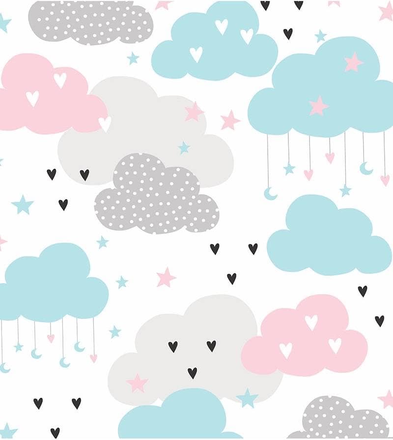 PAPEL DE PAREDE INFANTIL NUVEM ROSA E CINZA CHUVA DE AMOR