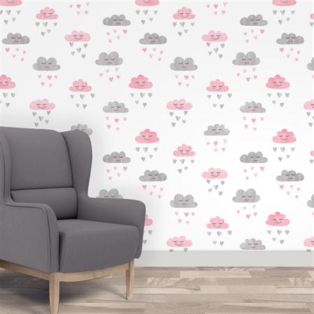 PAPEL DE PAREDE INFANTIL NUVEM CHUVA DE AMOR FUNDO BRANCO
