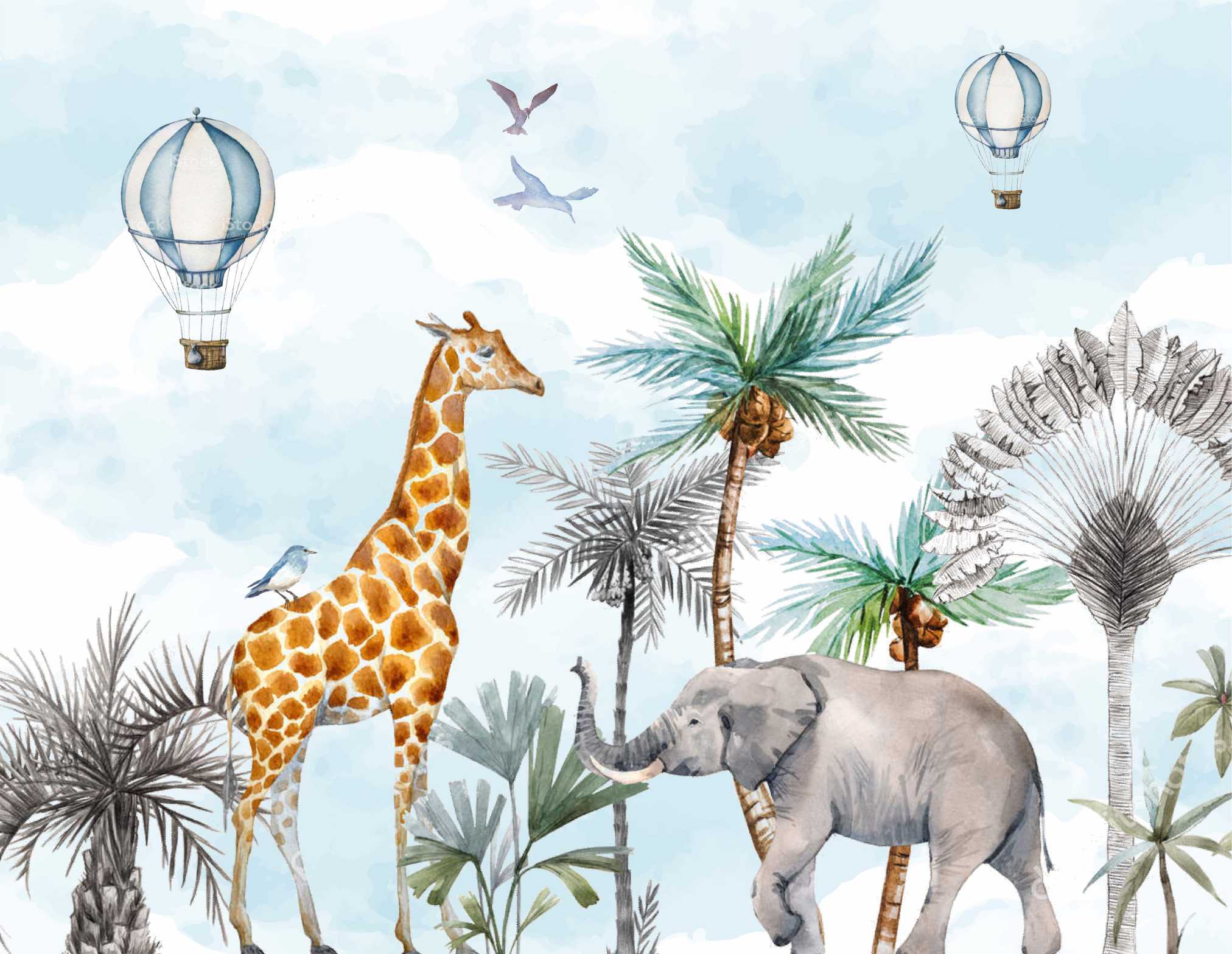 PAPEL DE PAREDE AQUARELA SAFÁRI COM BALÕES