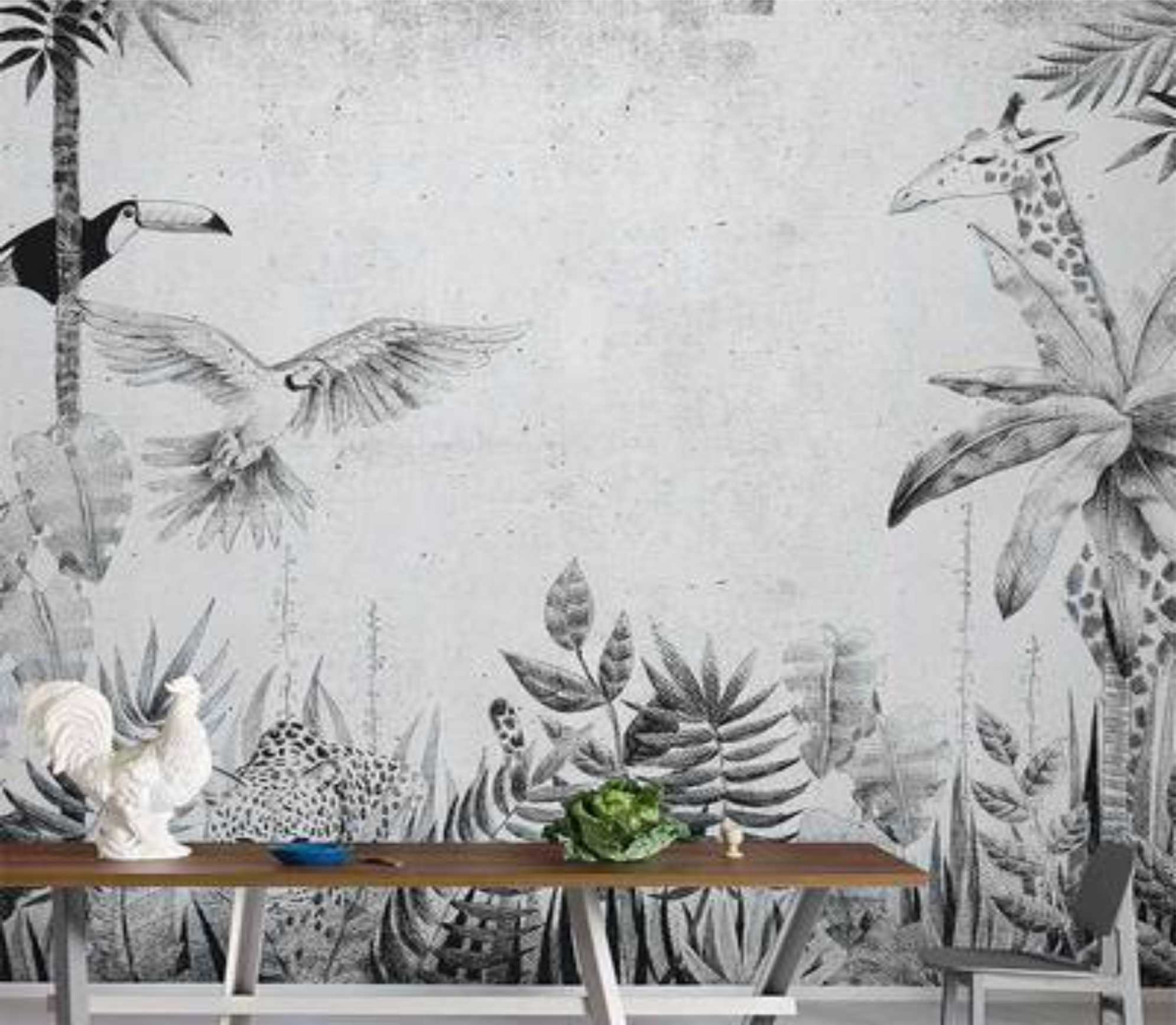 PAPEL DE PAREDE FLORESTA DESENHO RABISCO VINTAGE