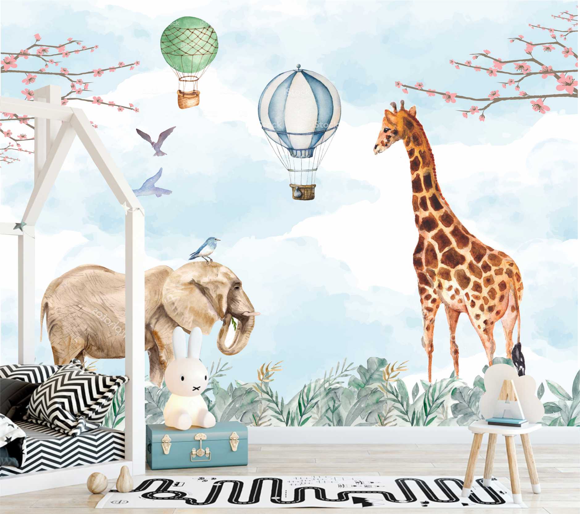 PAPEL DE PAREDE SAFÁRI GIRAFA ELEFANTES E BALÕES
