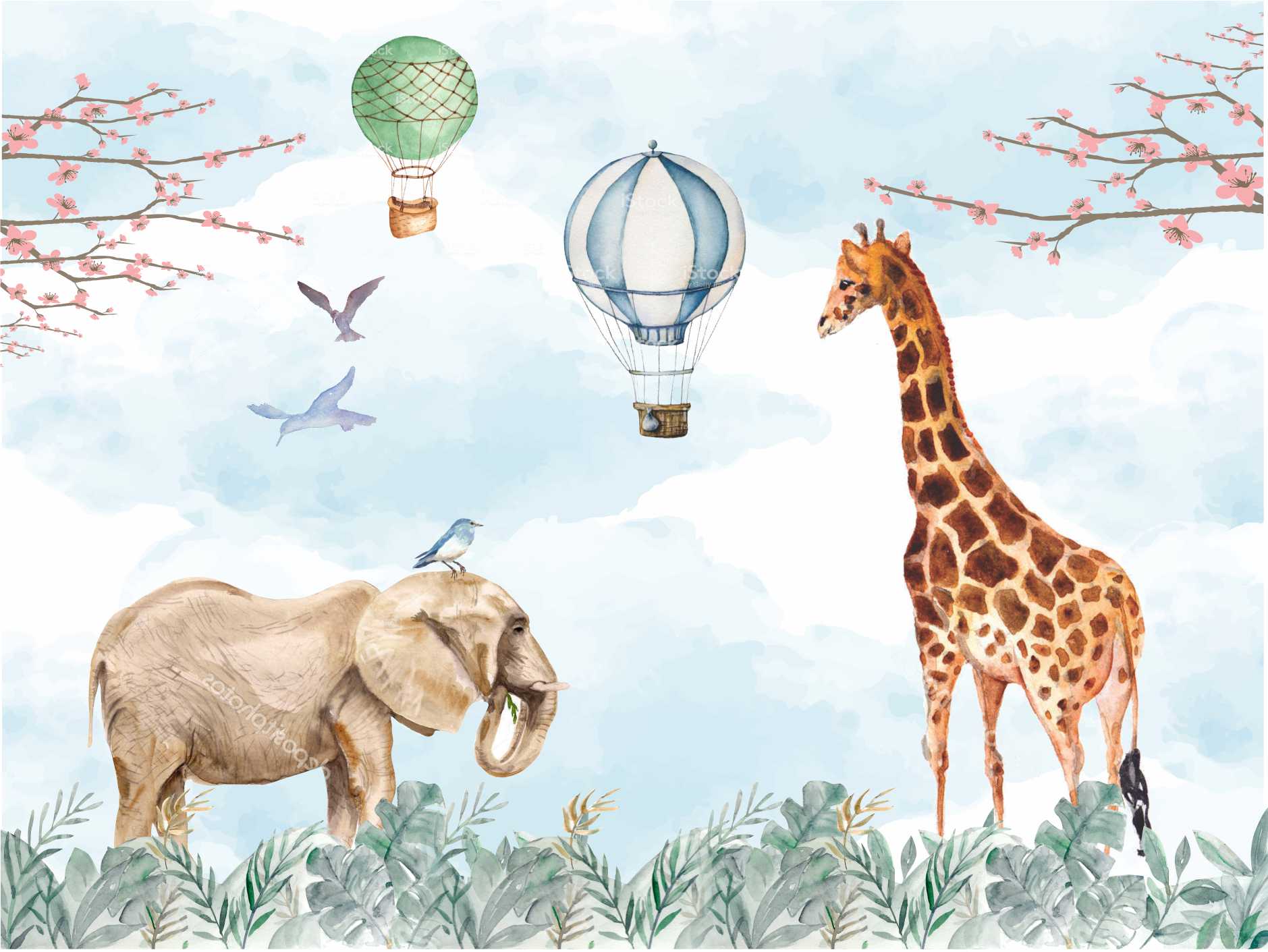 PAPEL DE PAREDE SAFÁRI GIRAFA ELEFANTES E BALÕES