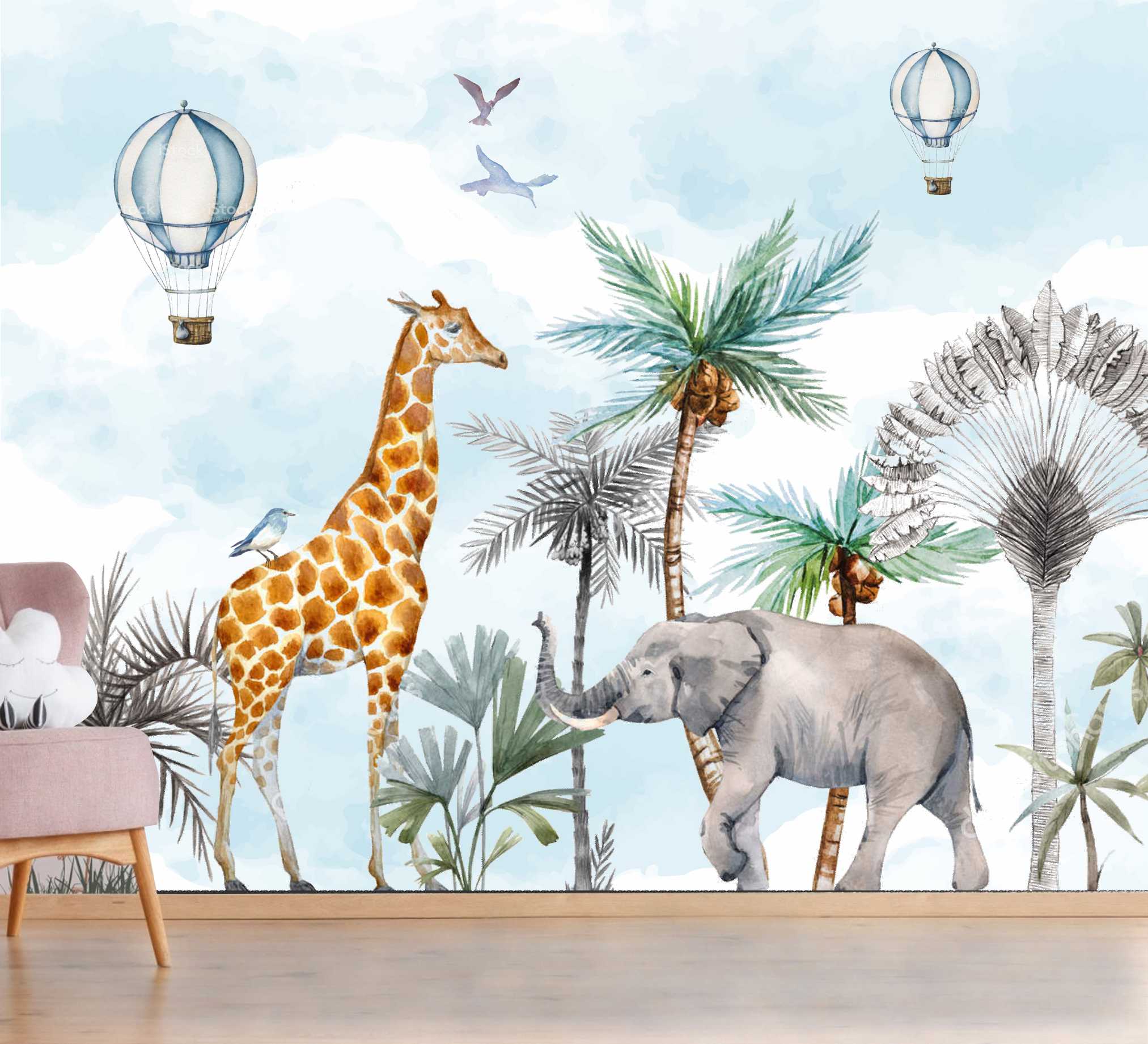 PAPEL DE PAREDE AQUARELA SAFÁRI COM BALÕES