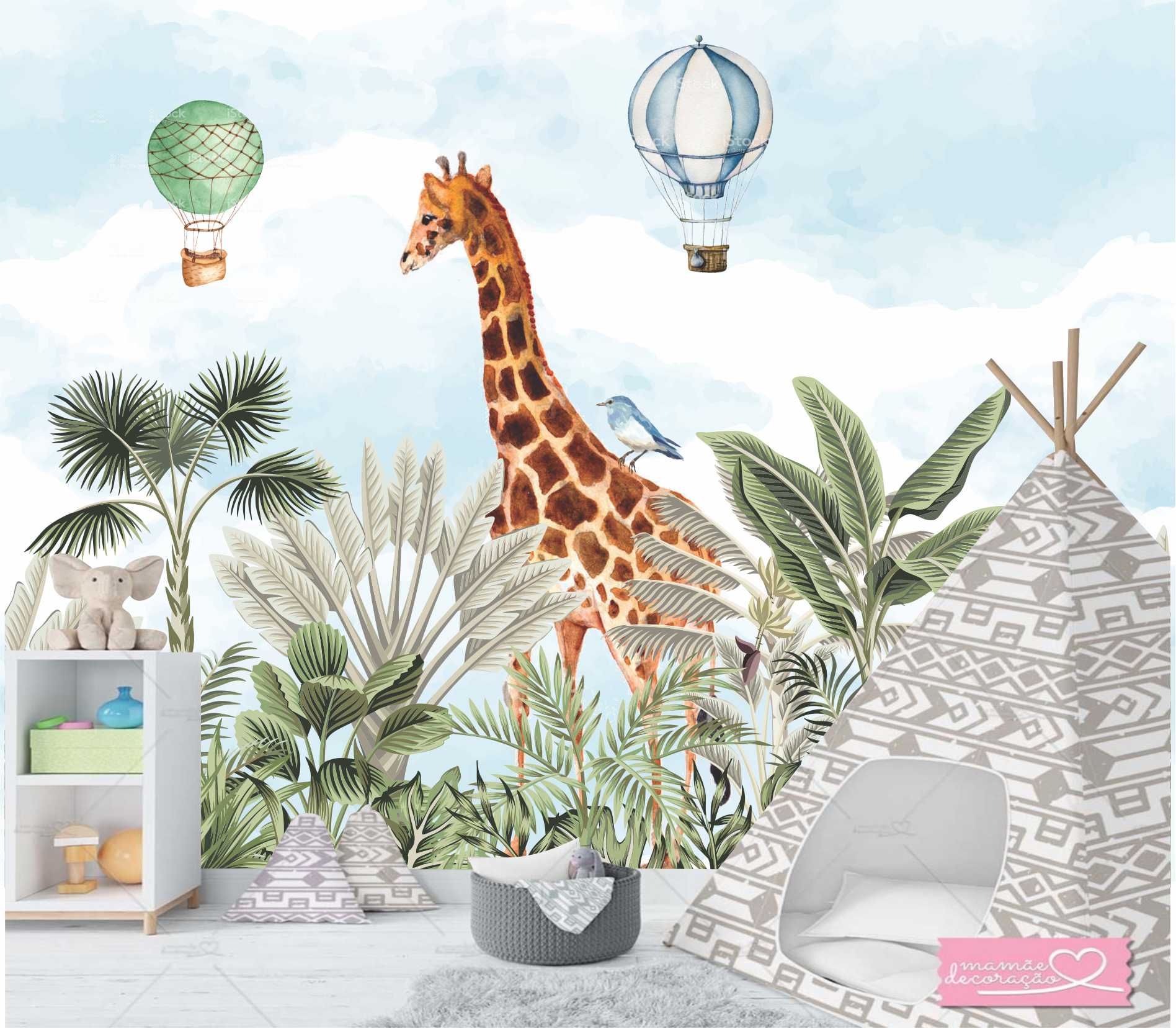 PAPEL DE PAREDE SAFÁRI COM GIRAFA E BALÕES