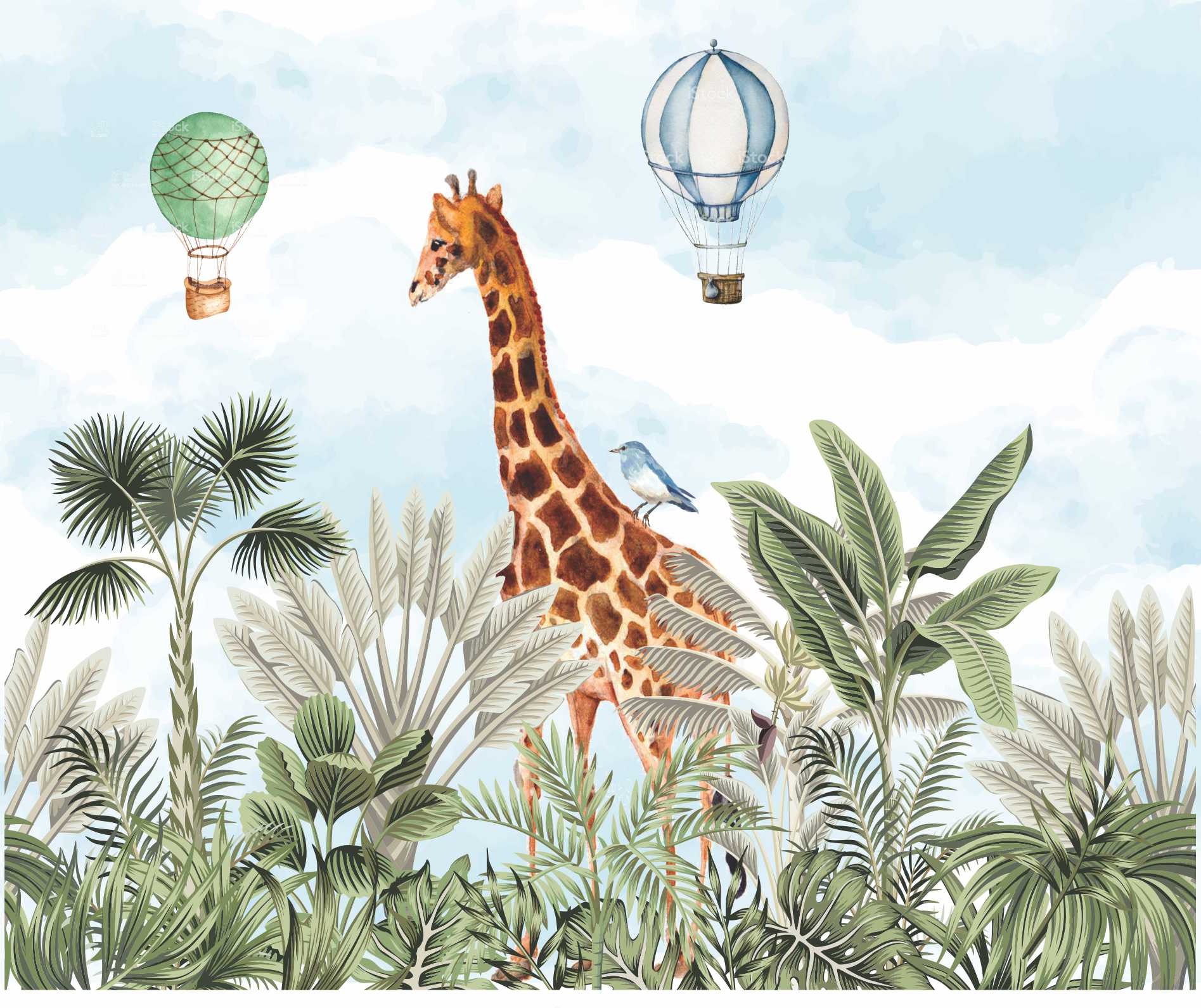 PAPEL DE PAREDE SAFÁRI COM GIRAFA E BALÕES