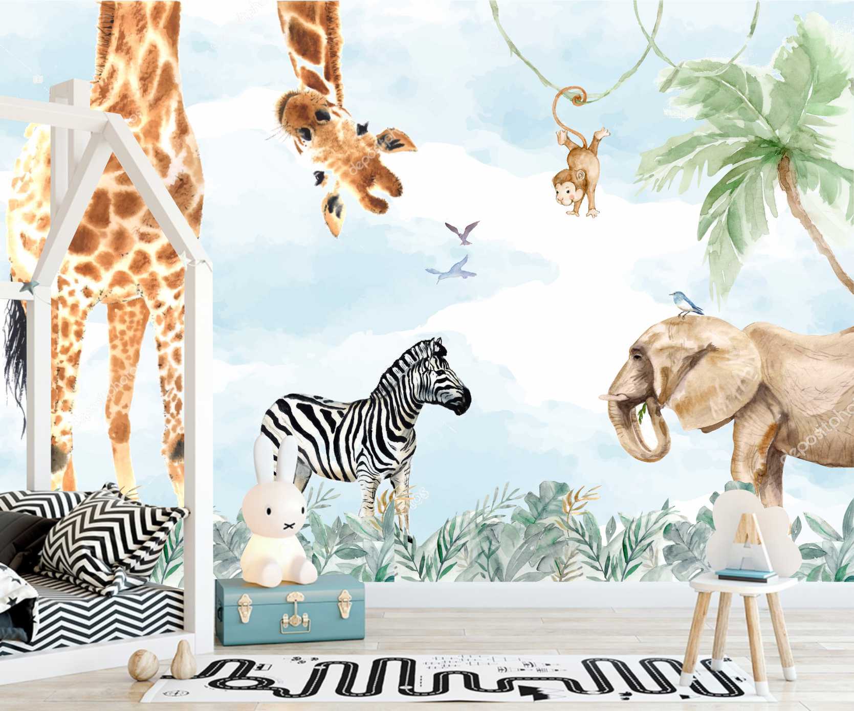 PAPEL PAREDE AQUARELA SAFÁRI CÉU AZUL