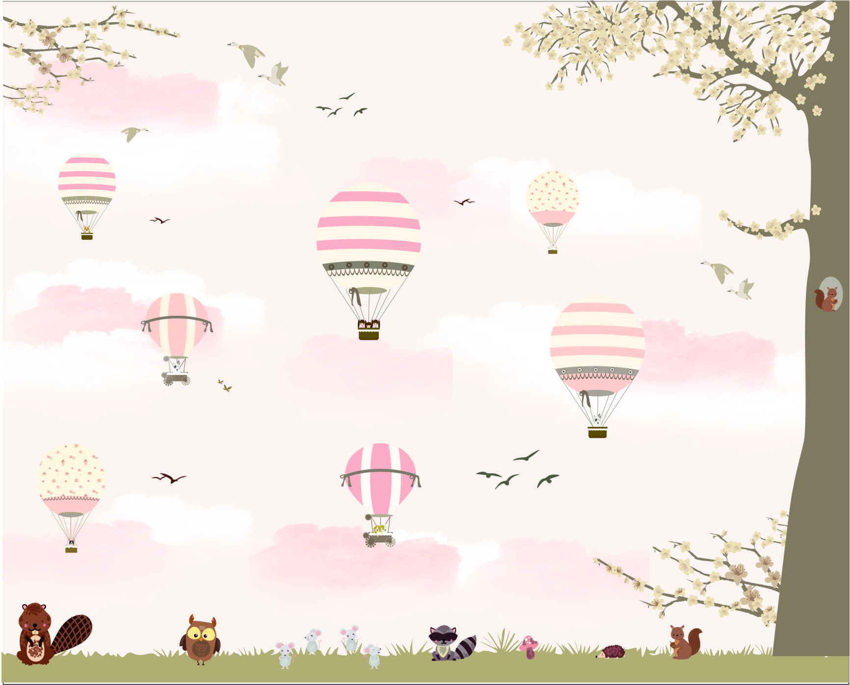 PAPEL PAREDE ARVORE COM BALÕES E ANIMAIS FLORESTA safari