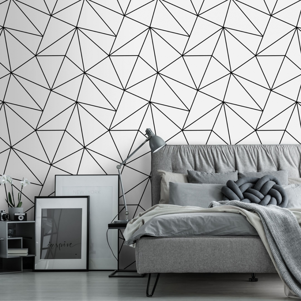 PAPEL PAREDE GEOMÉTRICO LINHAS PRETAS FUNDO BRANCO