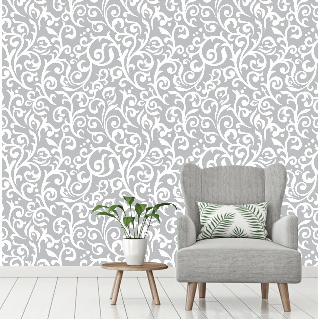 PAPEL DE PAREDE FLORAL ARABESCO BRANCO COM FUNDO CINZA