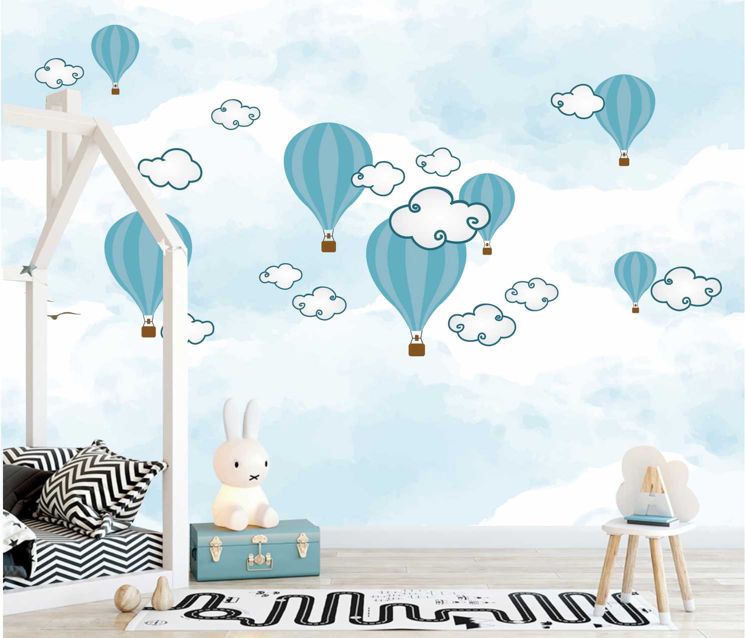 PAPEL DE PAREDE DESENHOS DE BALÕES E NUVENS FUNDO AQUARELADO