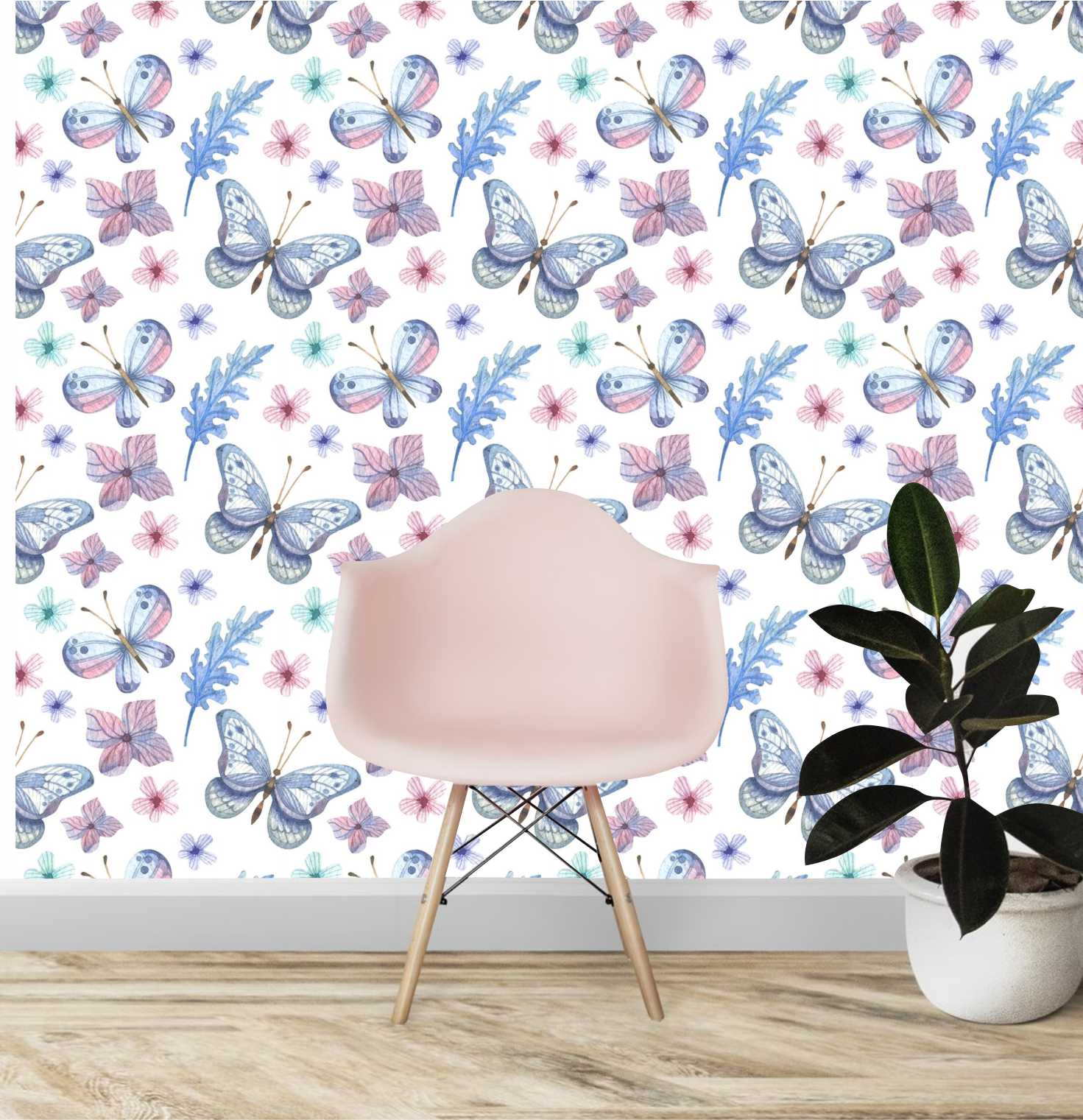 PAPEL DE PAREDE BORBOLETAS E FLORES AQUARELA