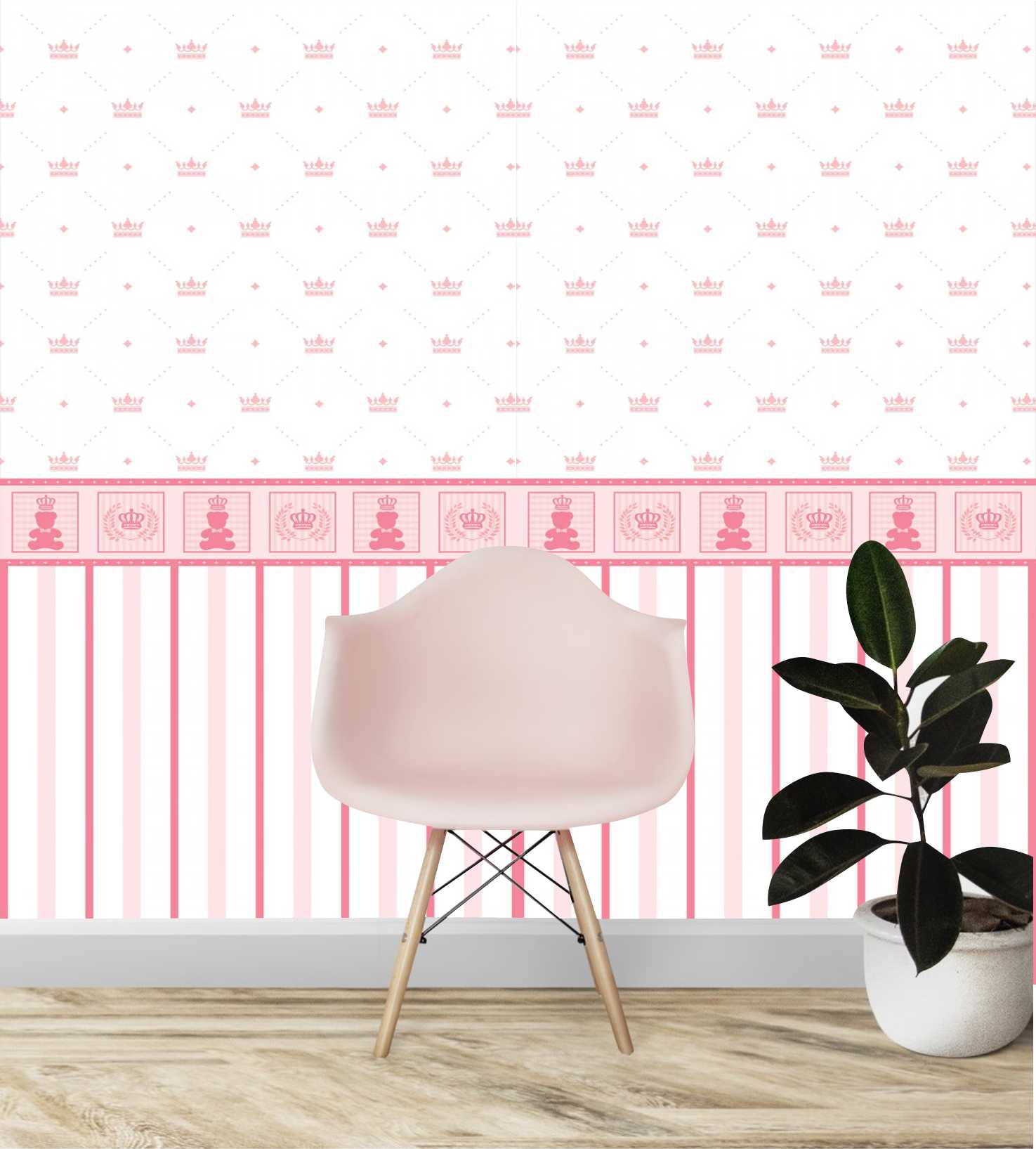 PAPEL PAREDE URSO E COROA MEIA PAREDE E LISTRADO