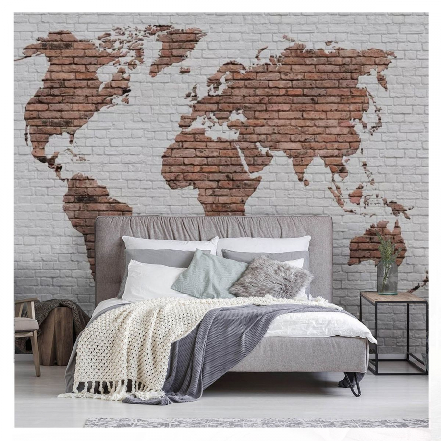 PAPEL DE PAREDE MAPA MUNDI COM TIJOLOS BRANCOS