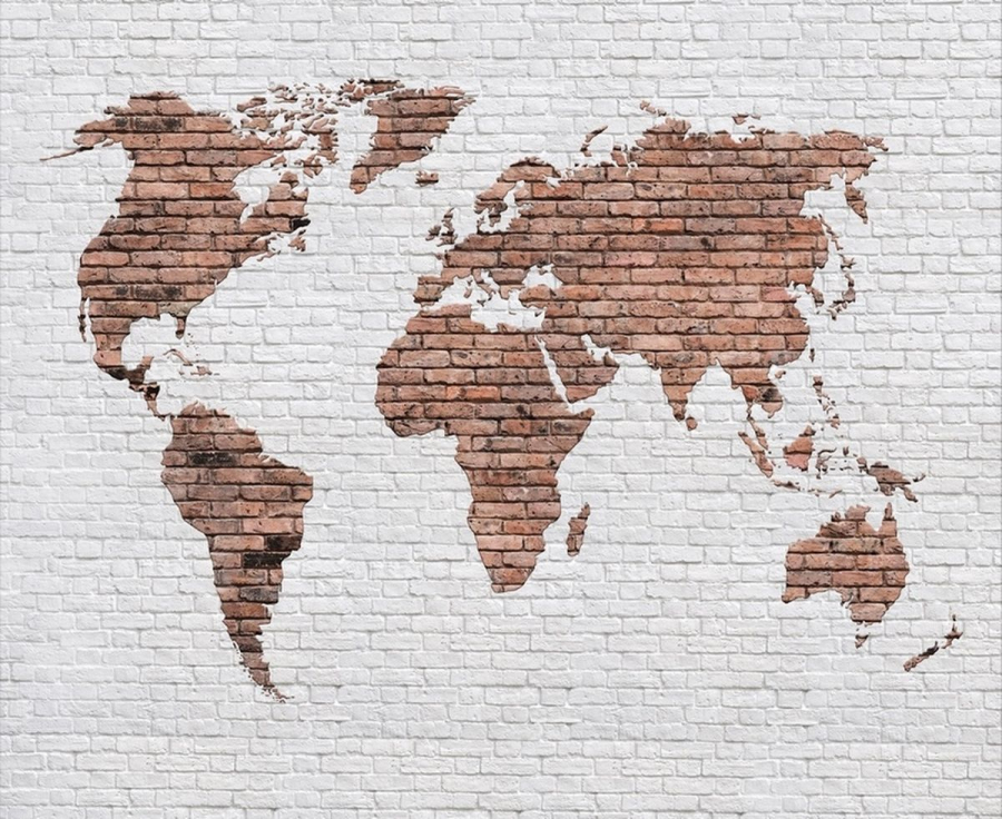 PAPEL DE PAREDE MAPA MUNDI COM TIJOLOS BRANCOS