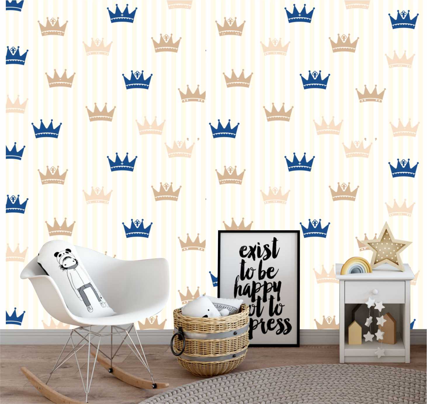 PAPEL PAREDE COROAS AZUL E DOURADO