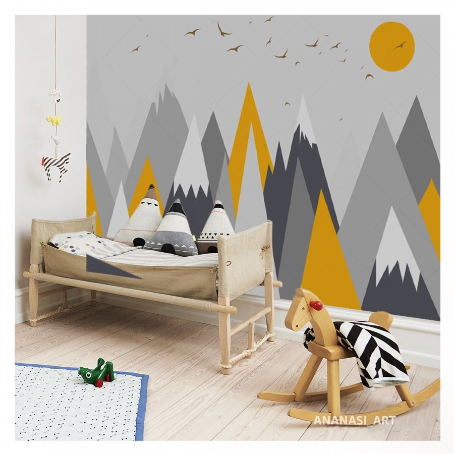 PAPEL DE PAREDE MONTANHAS COM TONS DE AMARELO E CINZA