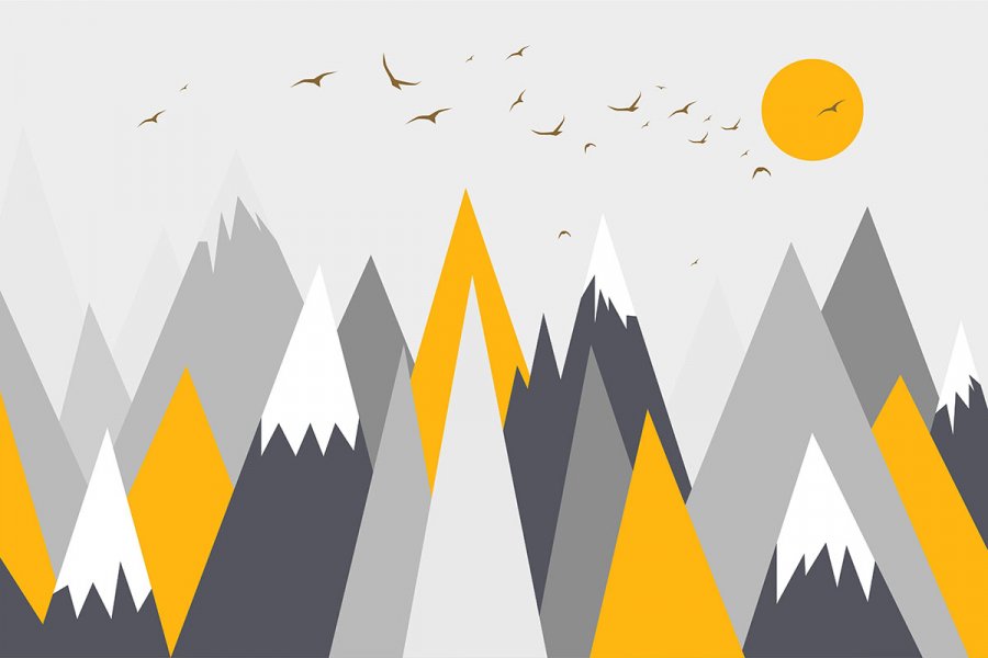 PAPEL DE PAREDE MONTANHAS COM TONS DE AMARELO E CINZA
