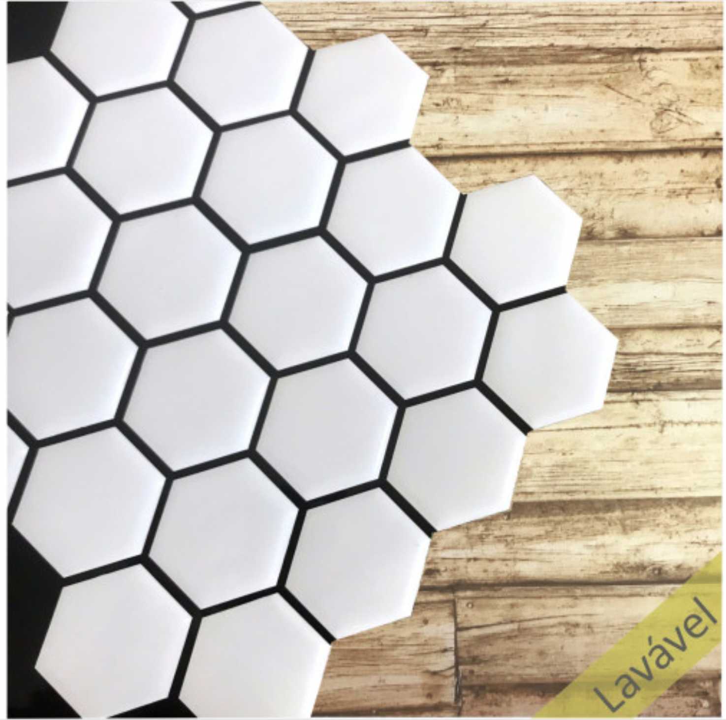 Pastilha Resinada Hexagonal Branco Rejunte Preto - 35cm x 35cm