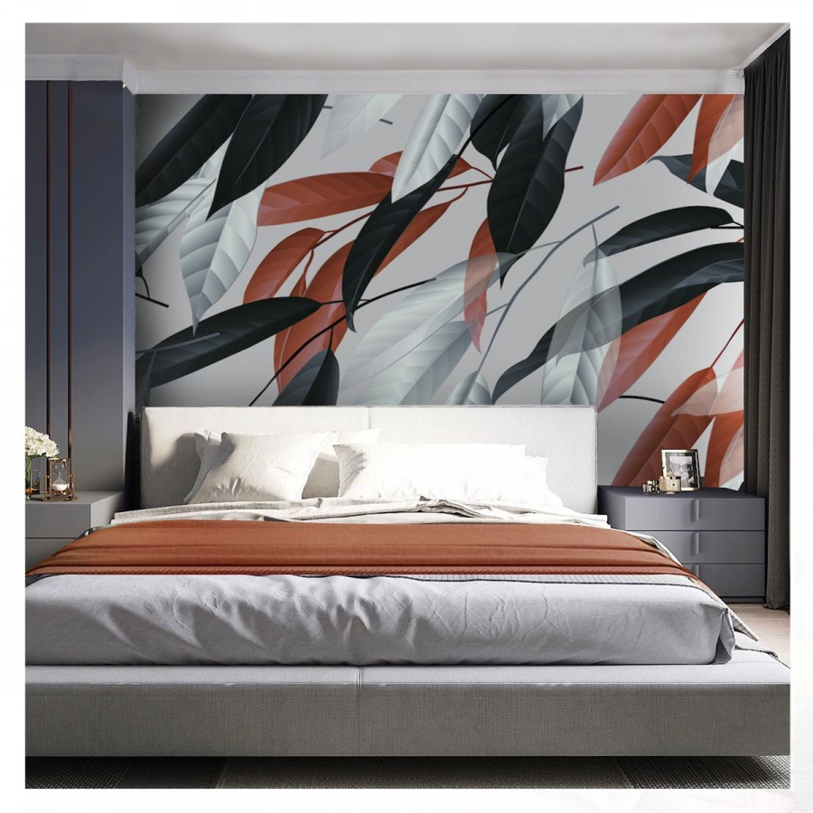 PAPEL PAREDE FOLHAS PRETA, LARANJA E BRANCA