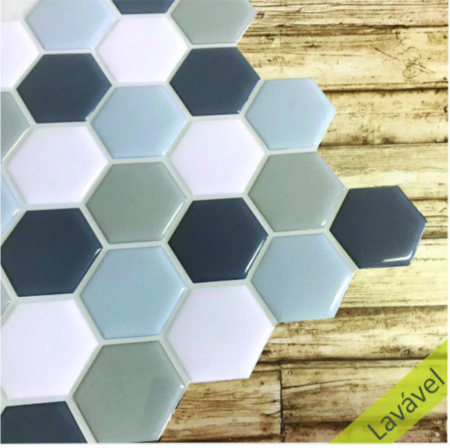 Placa de Pastilha Adesiva Resinada Hexagonal Rejunte Cinza com branco 35x35