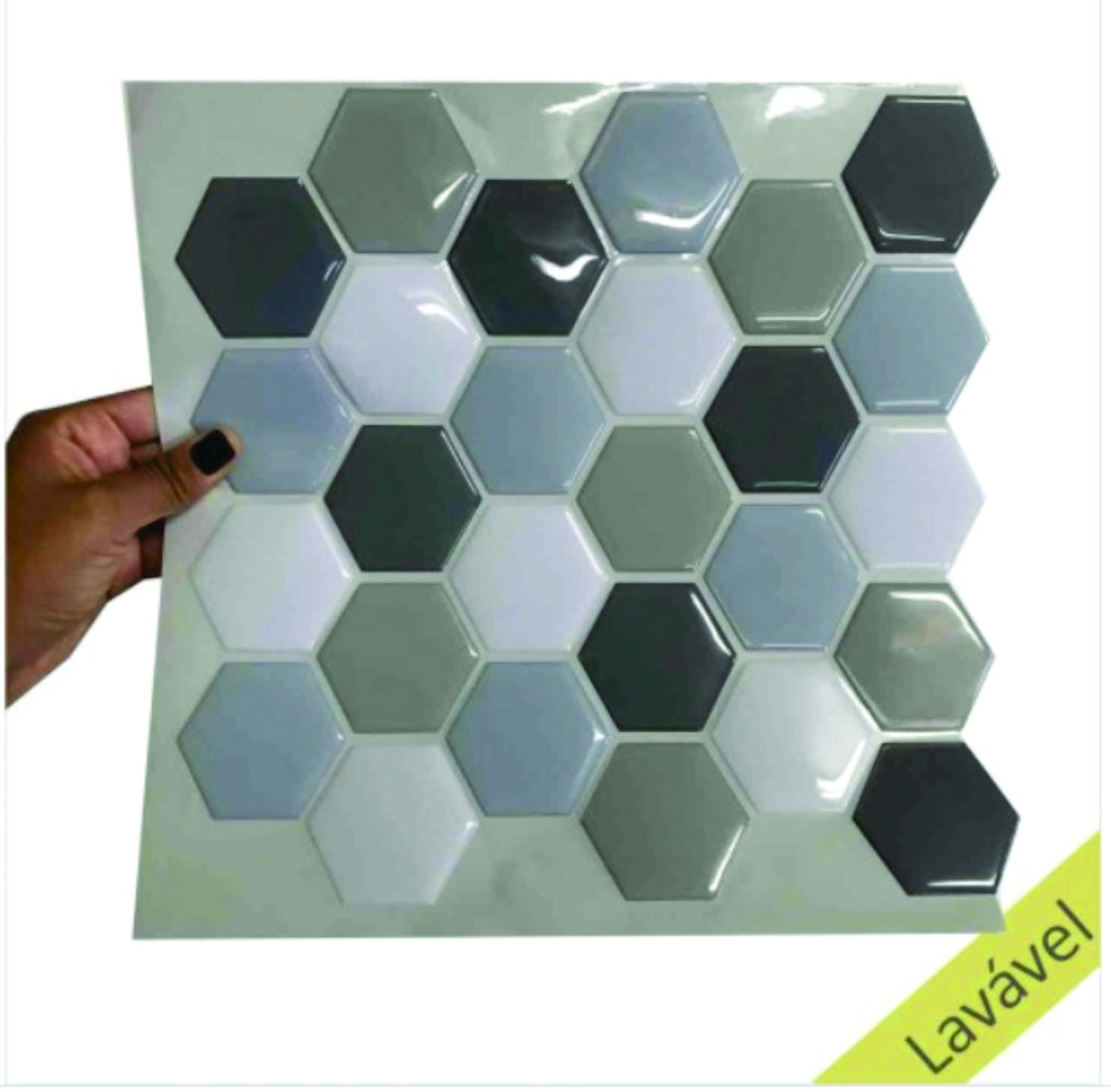 Placa de Pastilha Adesiva Resinada Hexagonal Rejunte Cinza com branco 35x35