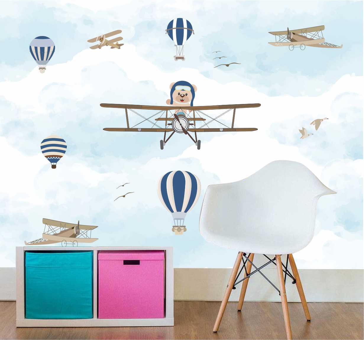PAPEL DE PAREDE URSO AVIADOR COM BALÕES
