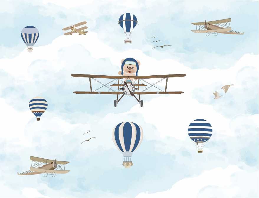 PAPEL DE PAREDE URSO AVIADOR COM BALÕES