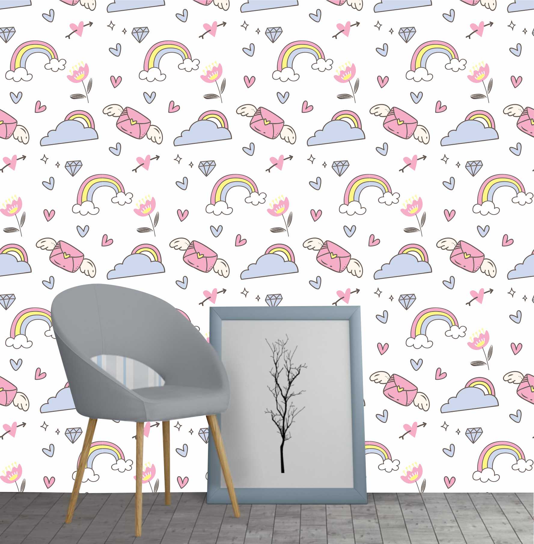PAPEL DE PAREDE NUVENS ARCO IRES E FLORES