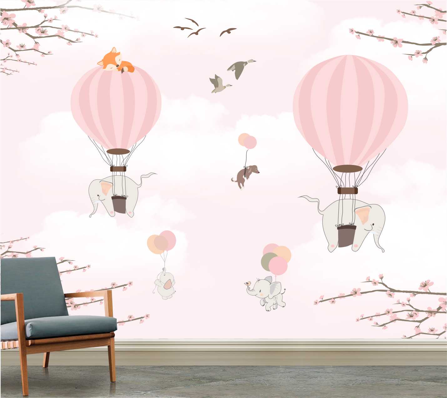 PAPEL DE PAREDE BALÕES ROSA COM ELEFANTE