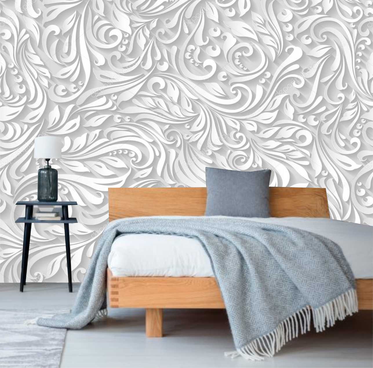 PAPEL PAREDE FLORAL 3D TONS DE CINZA COM BRANCO