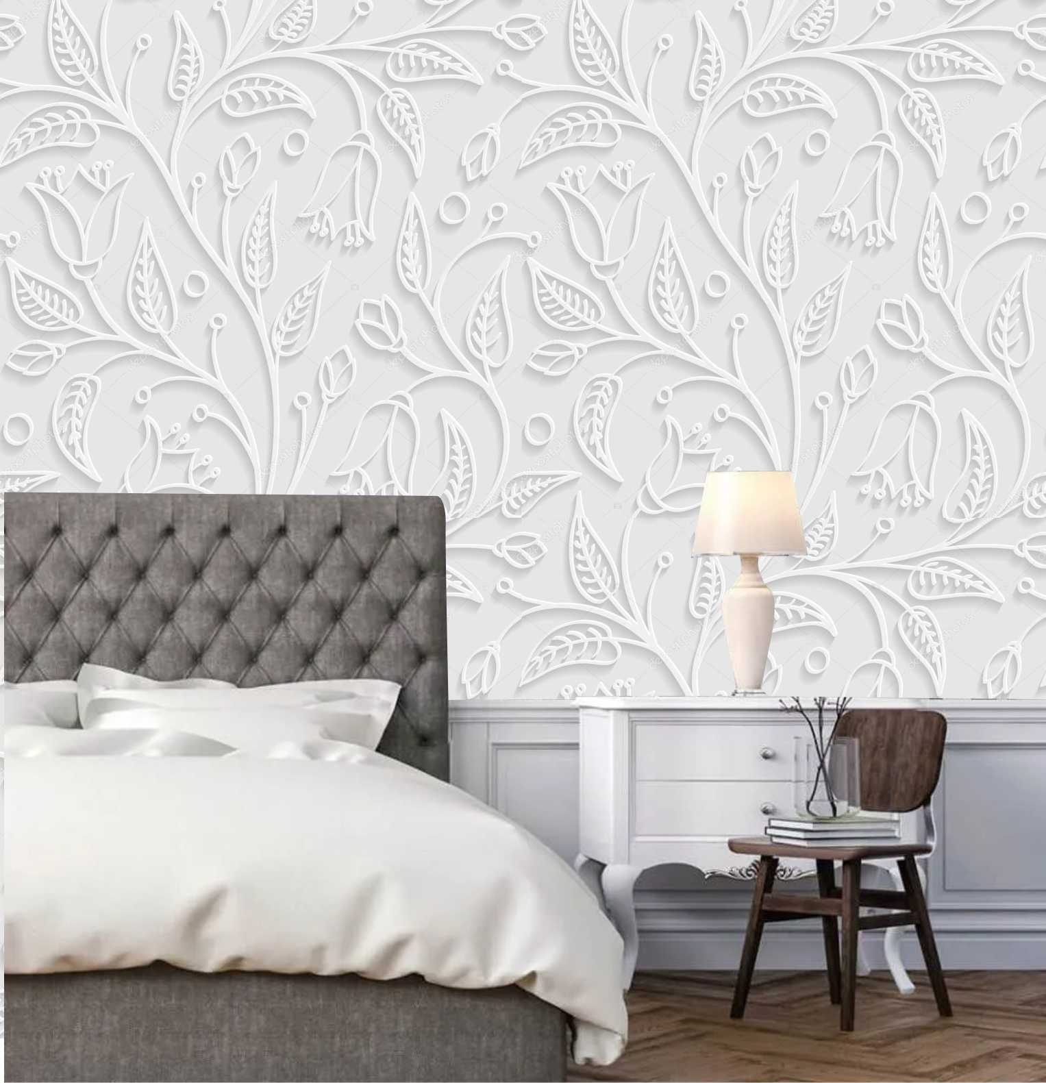 PAPEL PAREDE FLORAL EFEITO 3D TONS DE CINZA E BRANCO