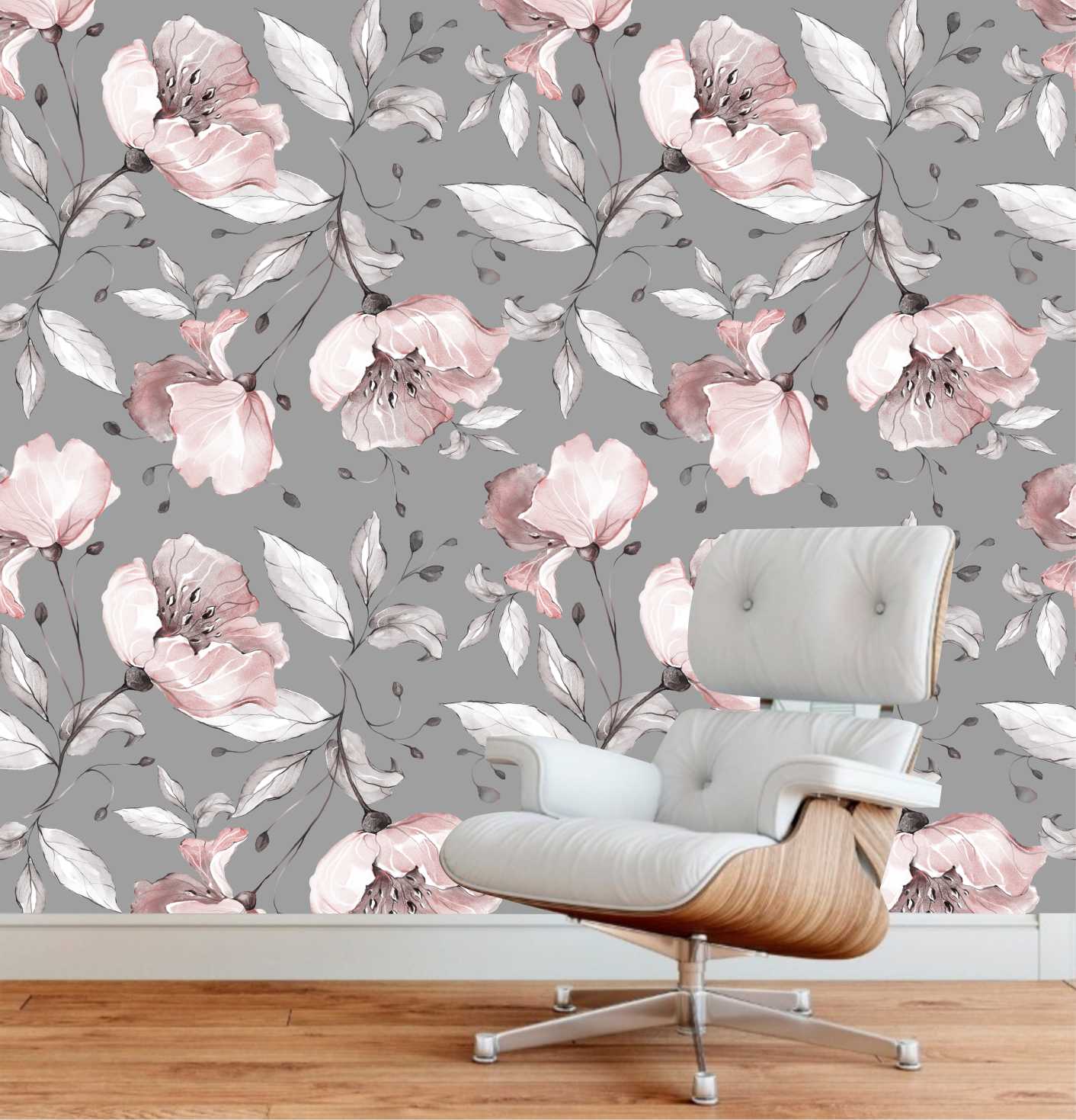 PAPEL PAREDE FOLHAGEM FLORES E FOLHAS AQUARELA TUDO CINZA