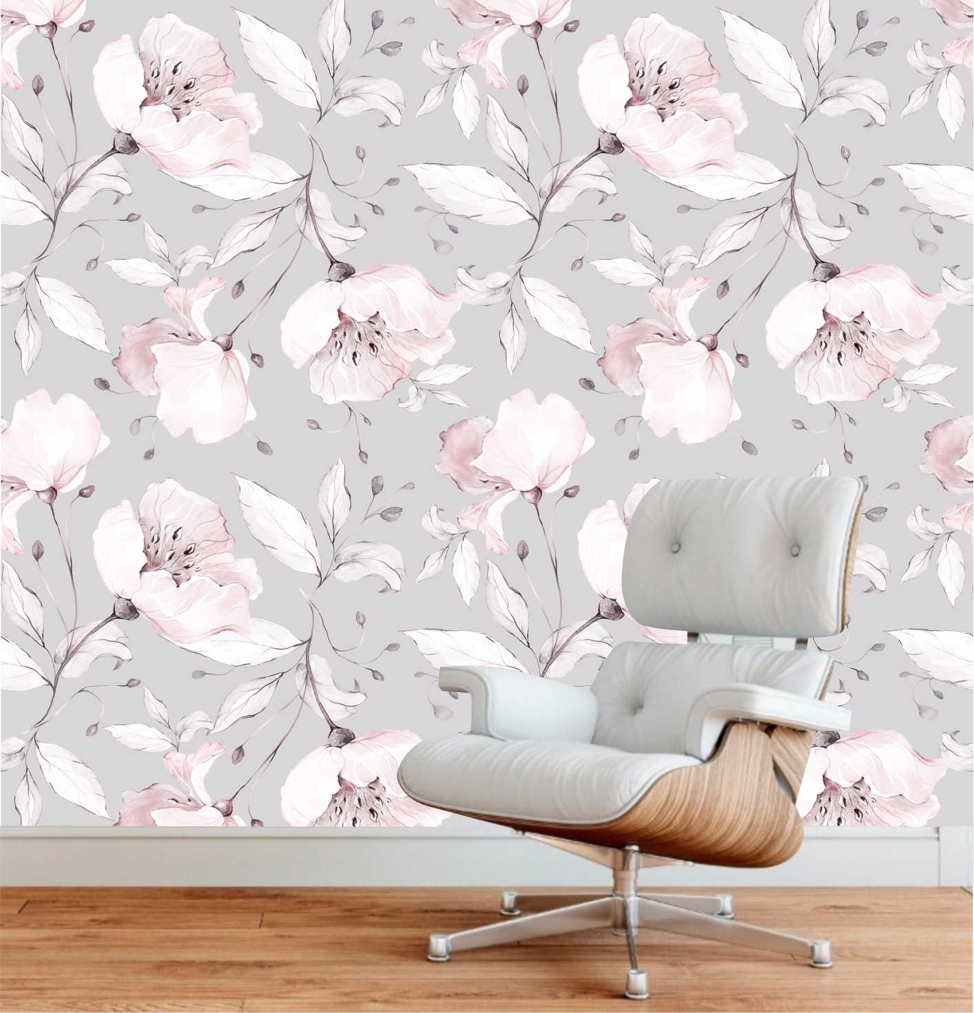 PAPEL PAREDE FOLHAGEM FLORES E FOLHAS AQUARELA TUDO CINZA